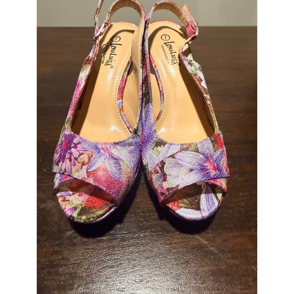 Lena Luisa Floral Slingback‎ Peep Toe Platform Heels Purple Pink Metallic Size 7 - Picture 9 of 9